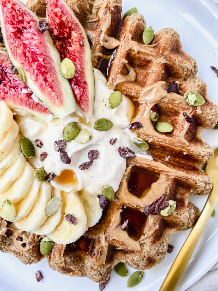 close up of banana oat blender waffle