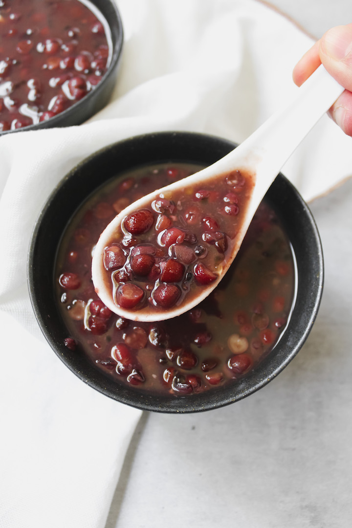 shot of a spoonful of the sweet red bean soup