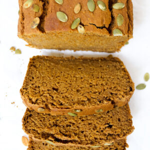 overview shot of sliced healthy pumpkin bread