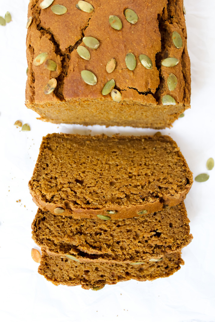 overview shot of sliced healthy pumpkin bread