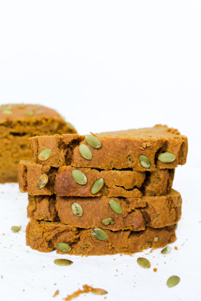 pumpkin bread slices stacked