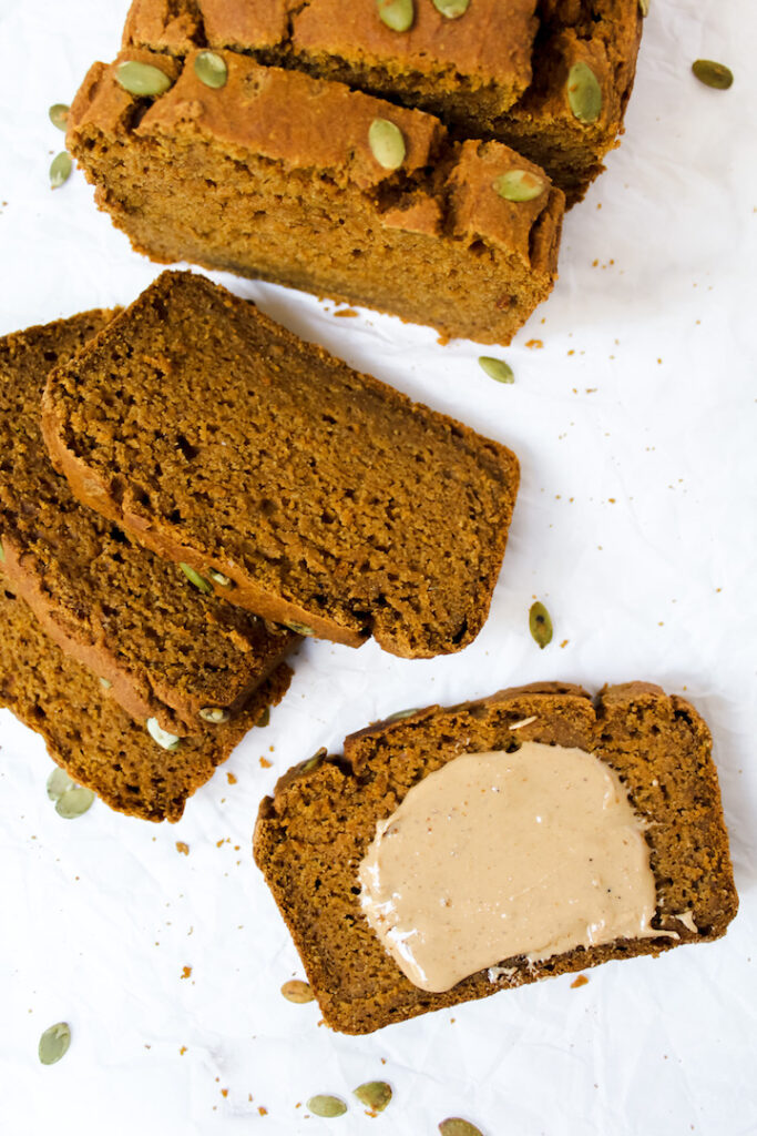 overview shot of slices of pumpkin bread 