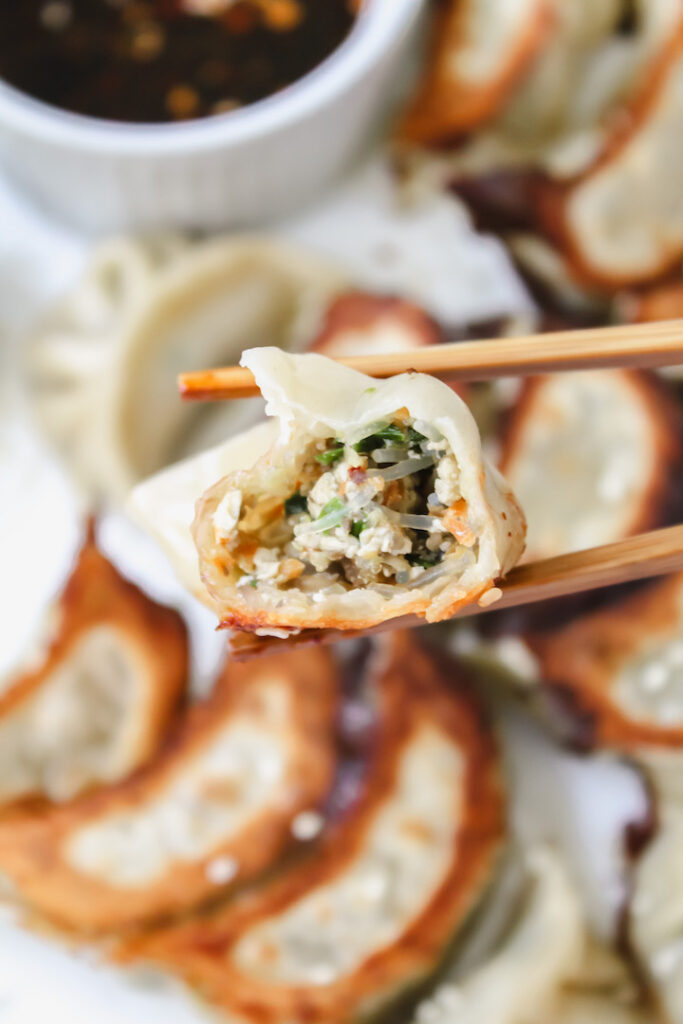 chopsticks holding a potsticker with a bite taken out