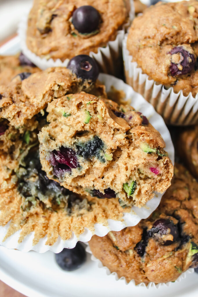 shot of the inside of a banana zucchini blueberry muffin