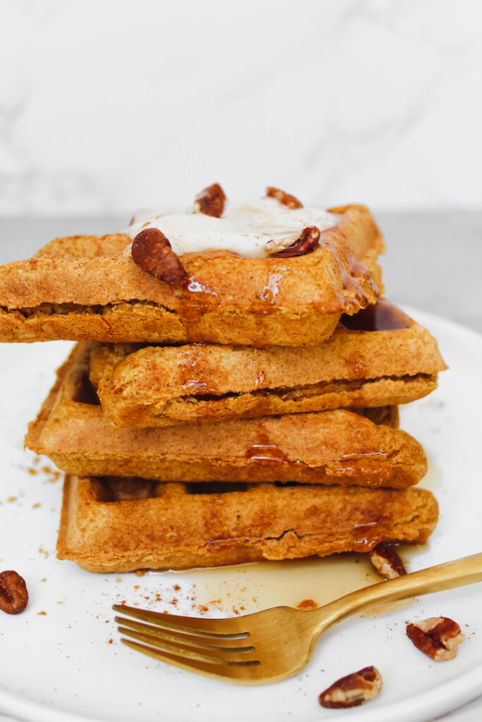 vegan pumpkin waffles stacked