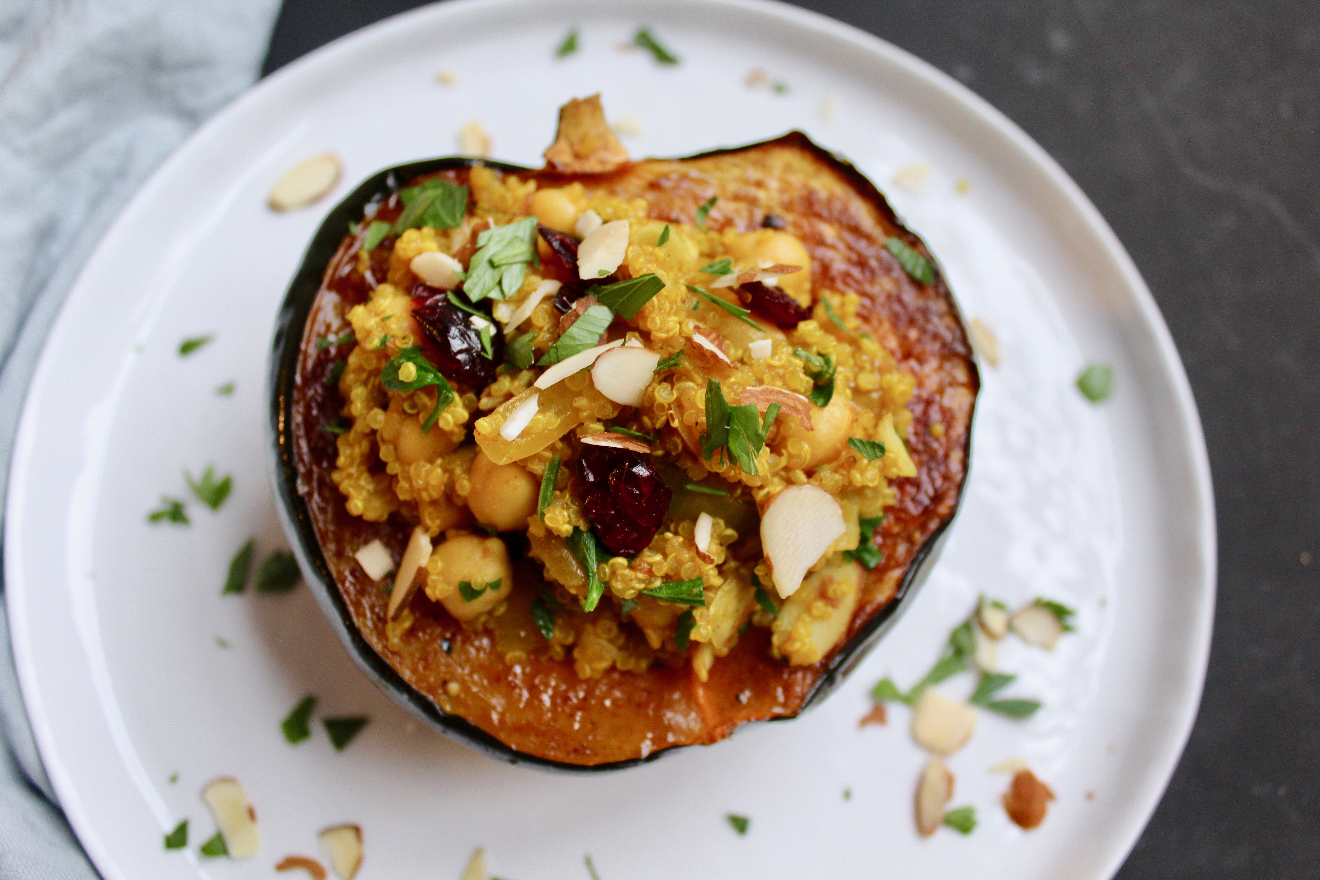 Moroccan Quinoa Salad Stuffed Acorn Squash (vegan, gf)