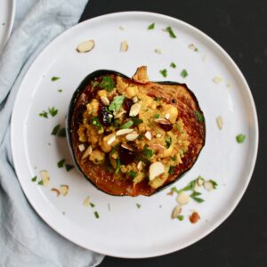 Moroccan Quinoa Salad Stuffed Acorn Squash (vegan, gf)