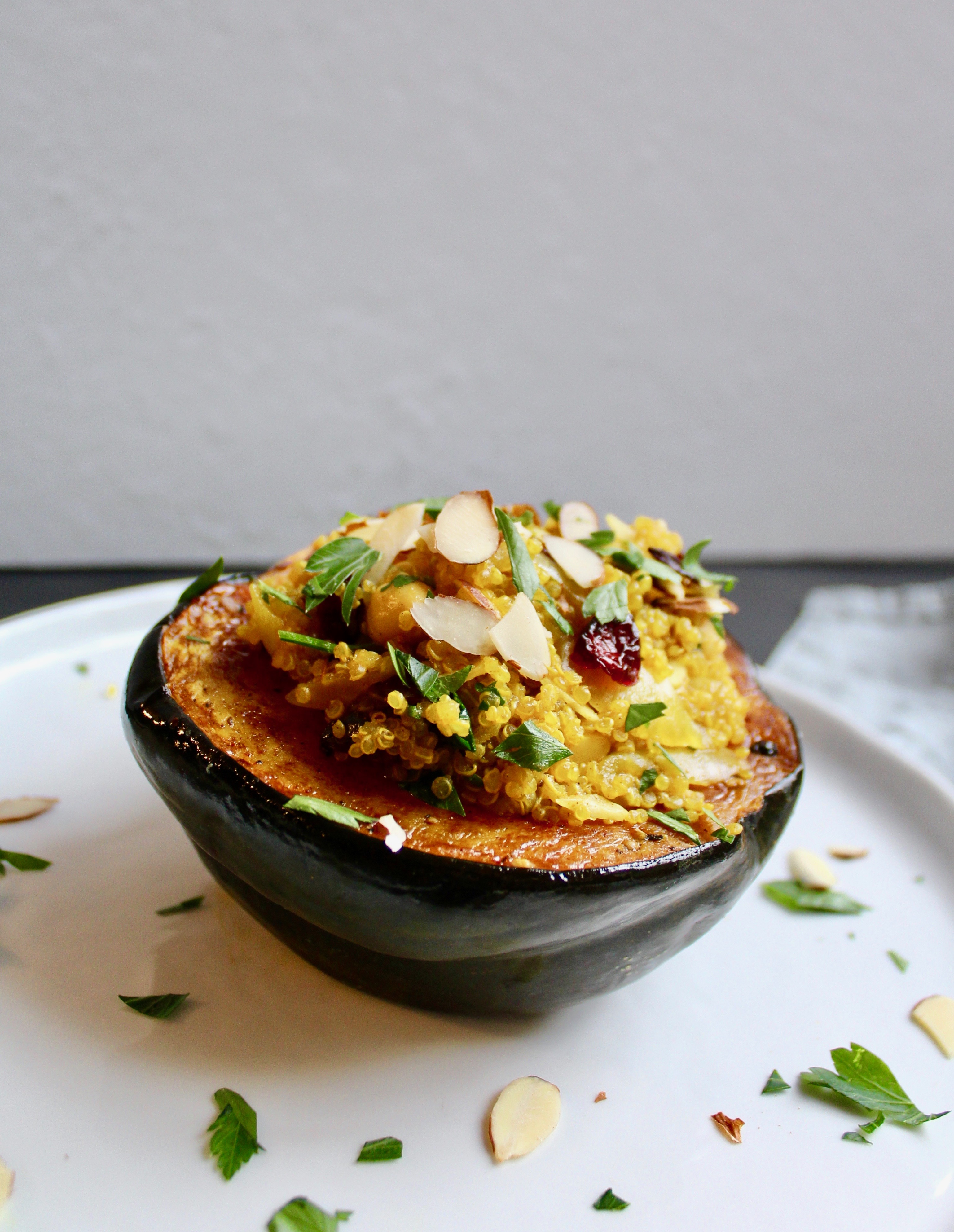 Moroccan Quinoa Salad Stuffed Acorn Squash (vegan, gf)