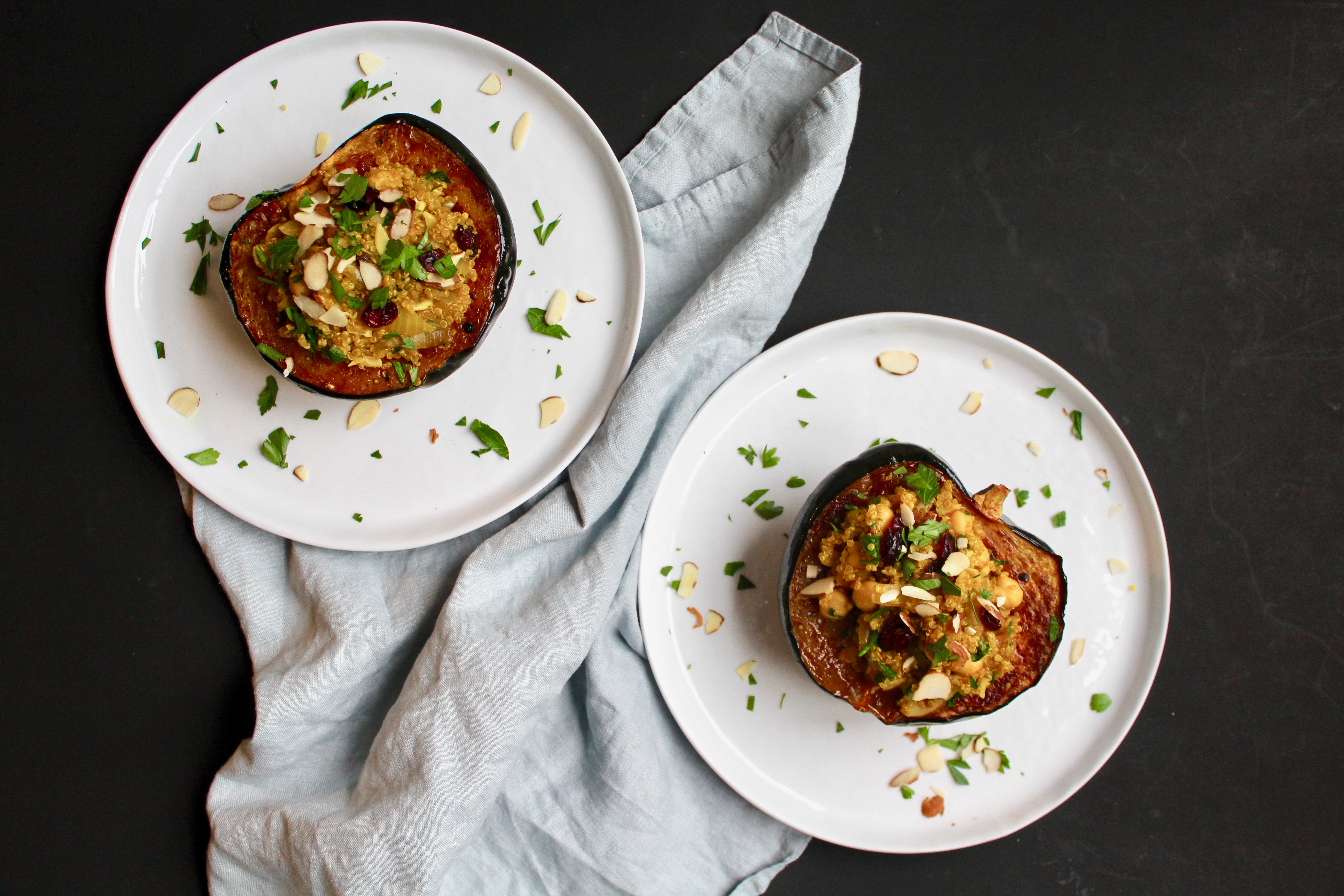 Moroccan Quinoa Salad Stuffed Acorn Squash (vegan, gf)