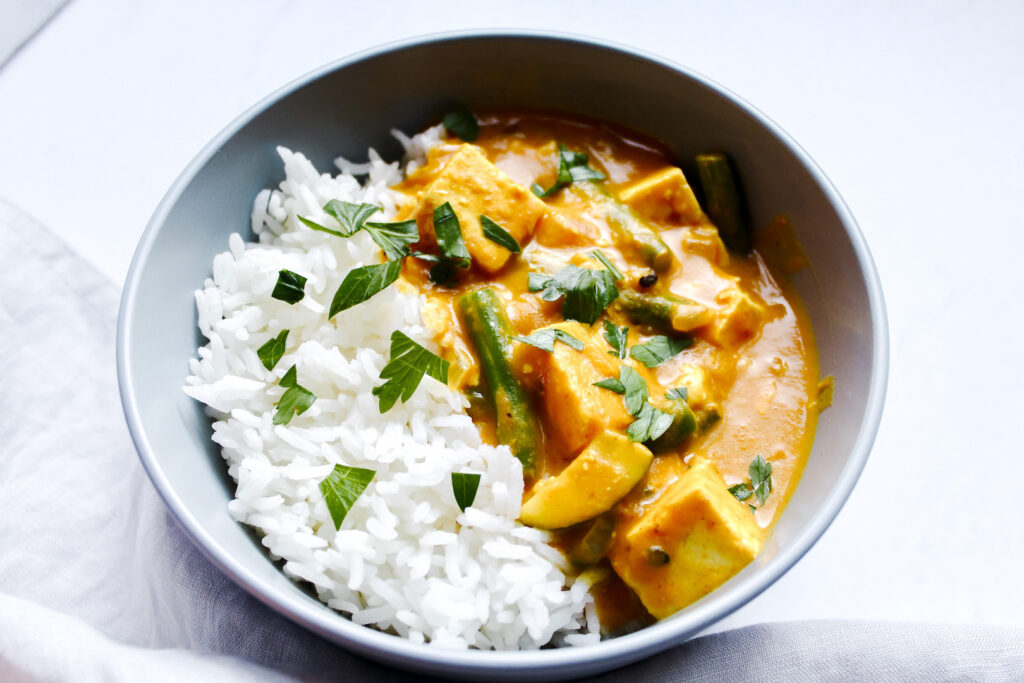 close up angled shot of thai pumpkin curry