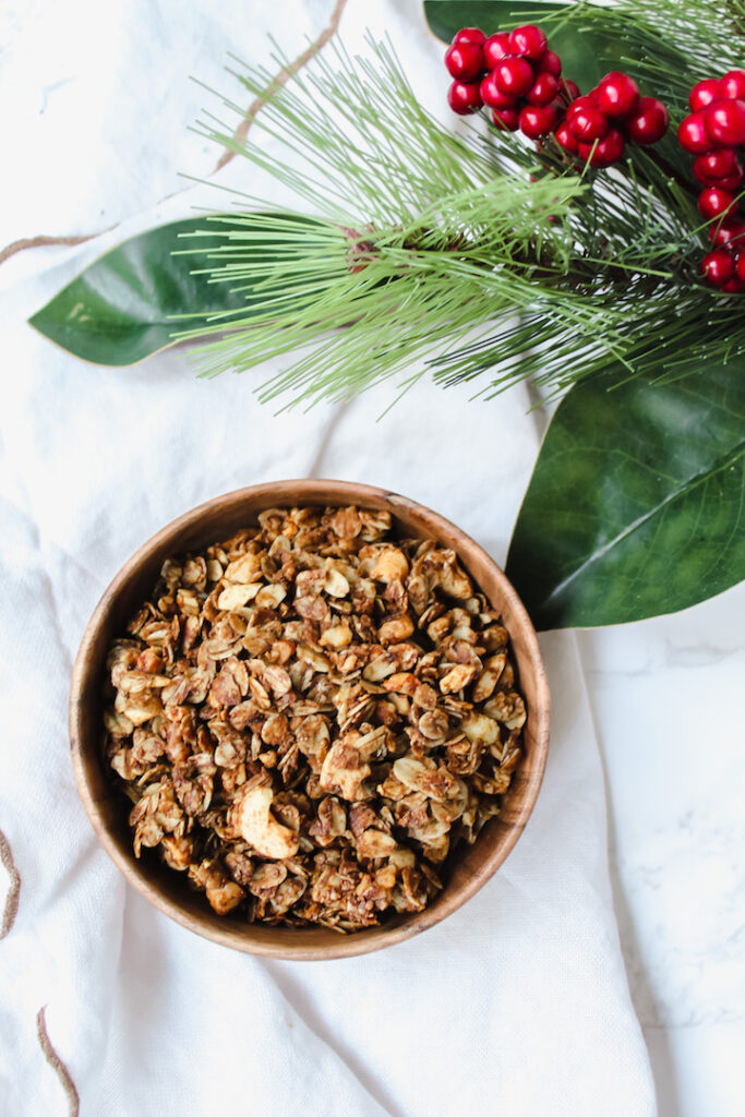 overview shot of bowl of gingerbread granola