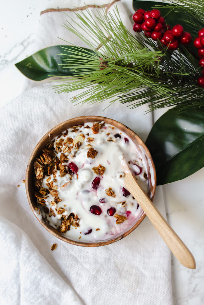 overview shot of mixed yogurt bowl