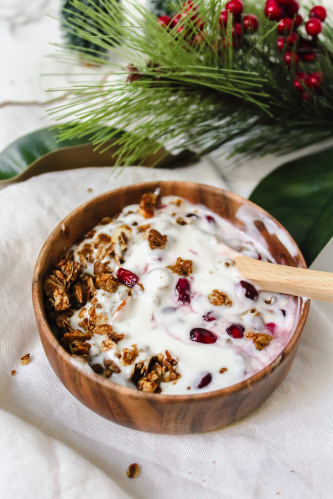 angled shot of mixed yogurt bowl 