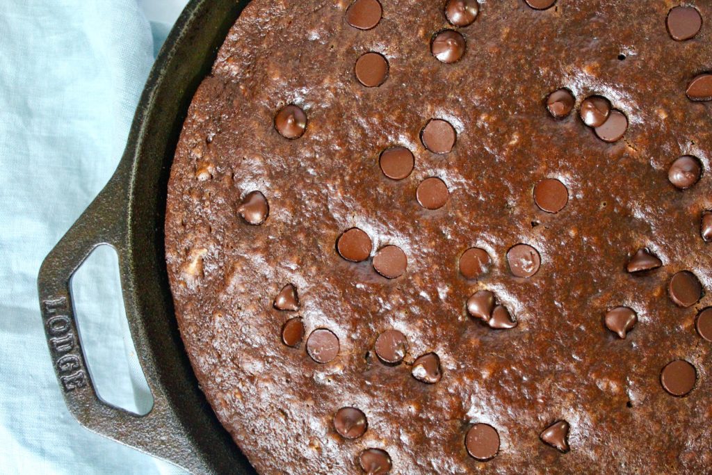 Chocolate Chip Gingerbread Skillet Cake with Salted Caramel Sauce