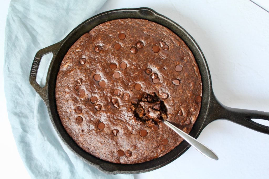 Chocolate Chip Gingerbread Skillet Cake with Salted Caramel Sauce