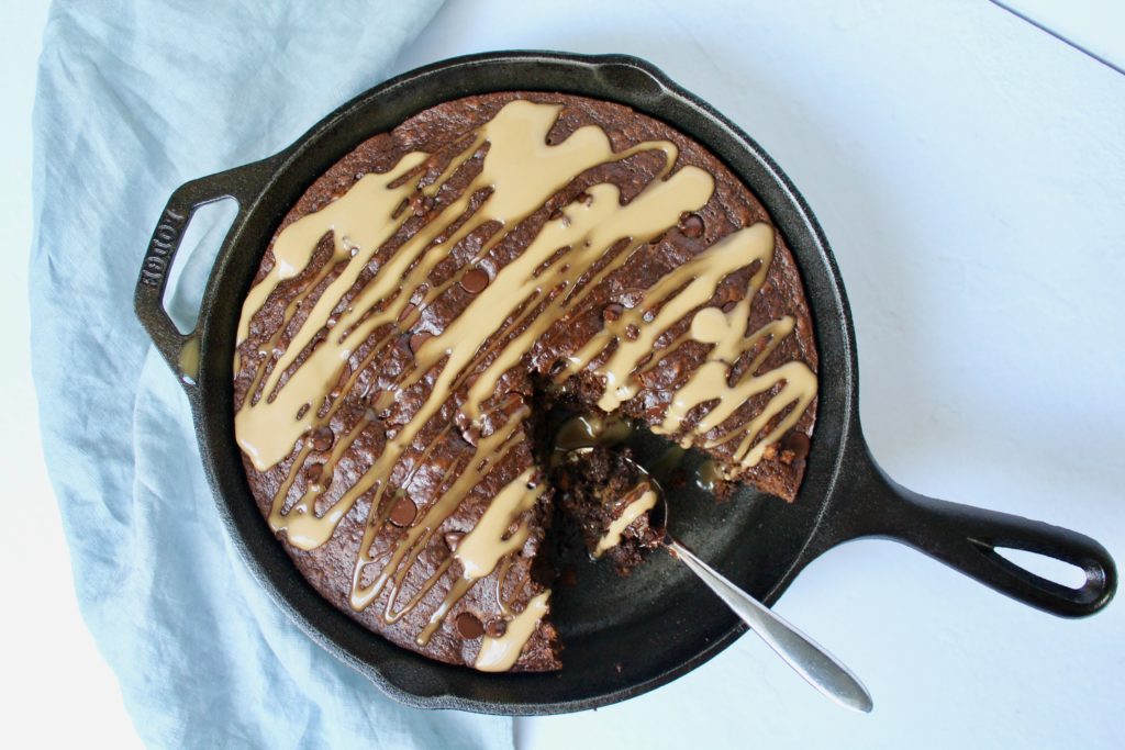 Chocolate Chip Gingerbread Skillet Cake with Salted Caramel Sauce