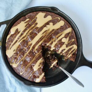 Chocolate Chip Gingerbread Skillet Cake with Salted Caramel Sauce