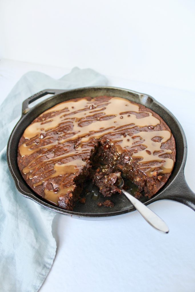 Chocolate Chip Gingerbread Skillet Cake with Salted Caramel Sauce