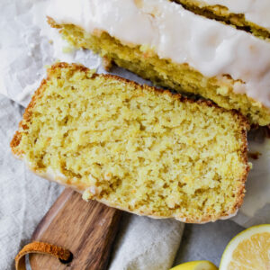 close up shot of one slice of lemon loaf