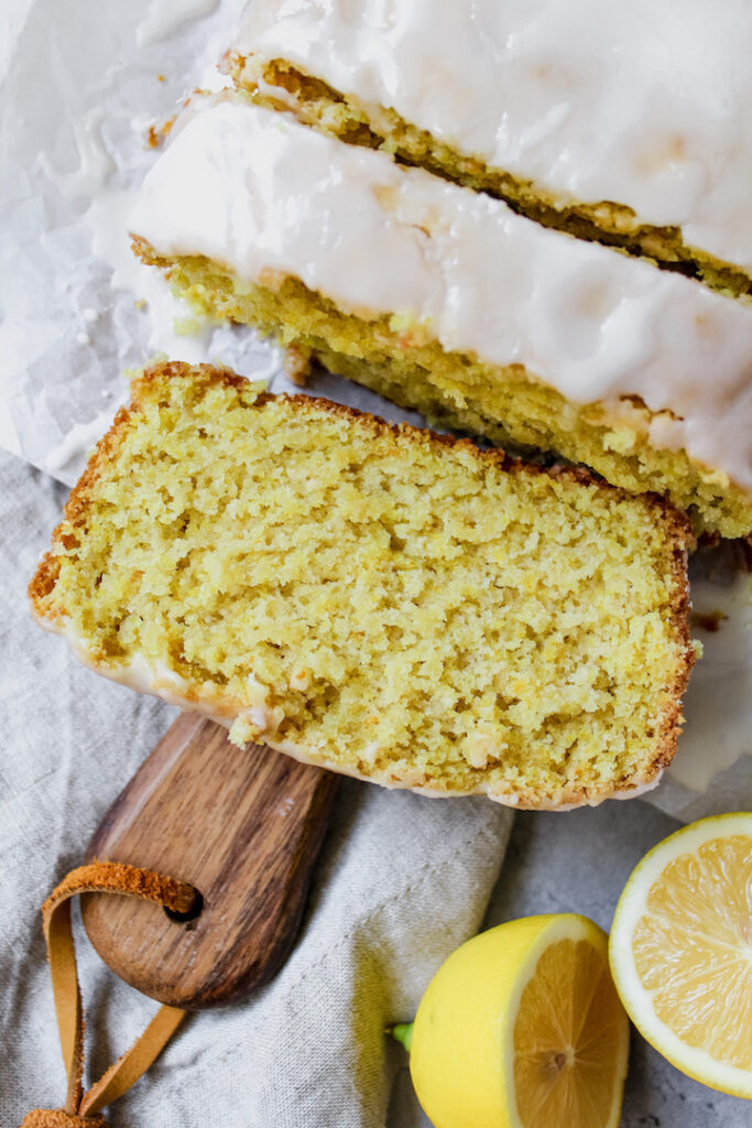 close up shot of one slice of lemon loaf