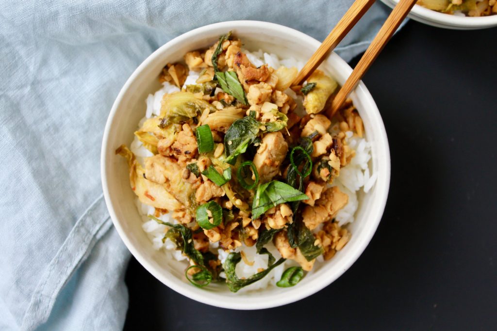 Easy Thai Basil Tempeh and Brussels Sprouts Stir Fry (vegan)