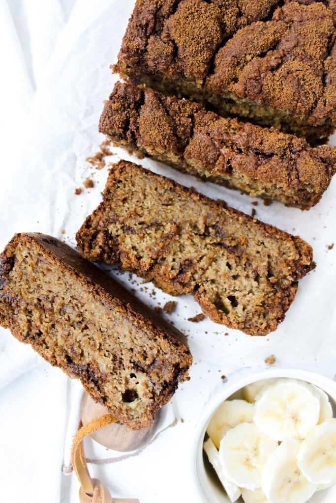 picture of slices of bread cut and part of the whole loaf with a bowl of sliced bananas on the side