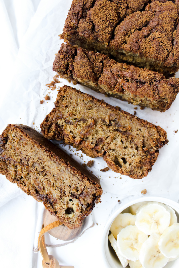 picture of banana bread with slices cut and part of the whole loaf