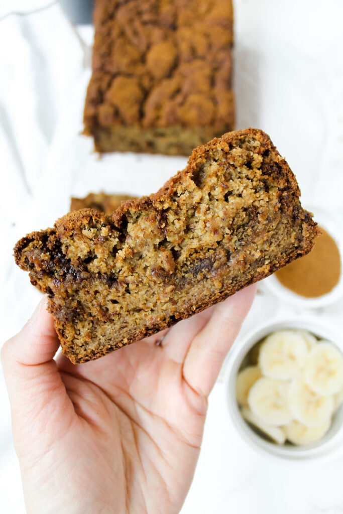 hand holding a slice of banana bread