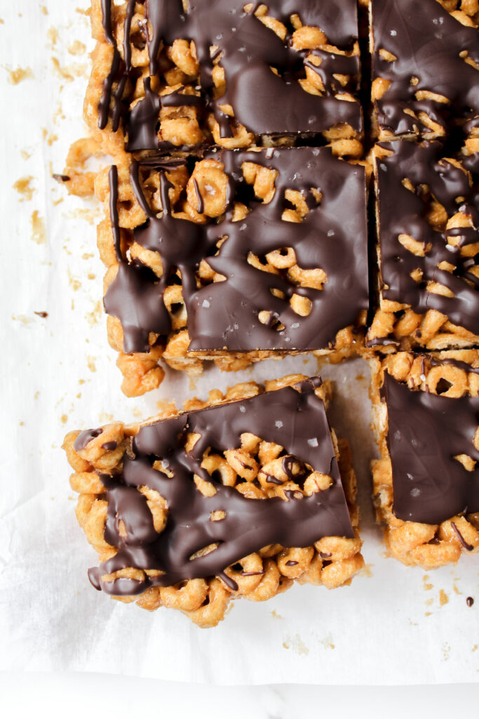 sliced cheerio bars with one corner slice pulled out a little