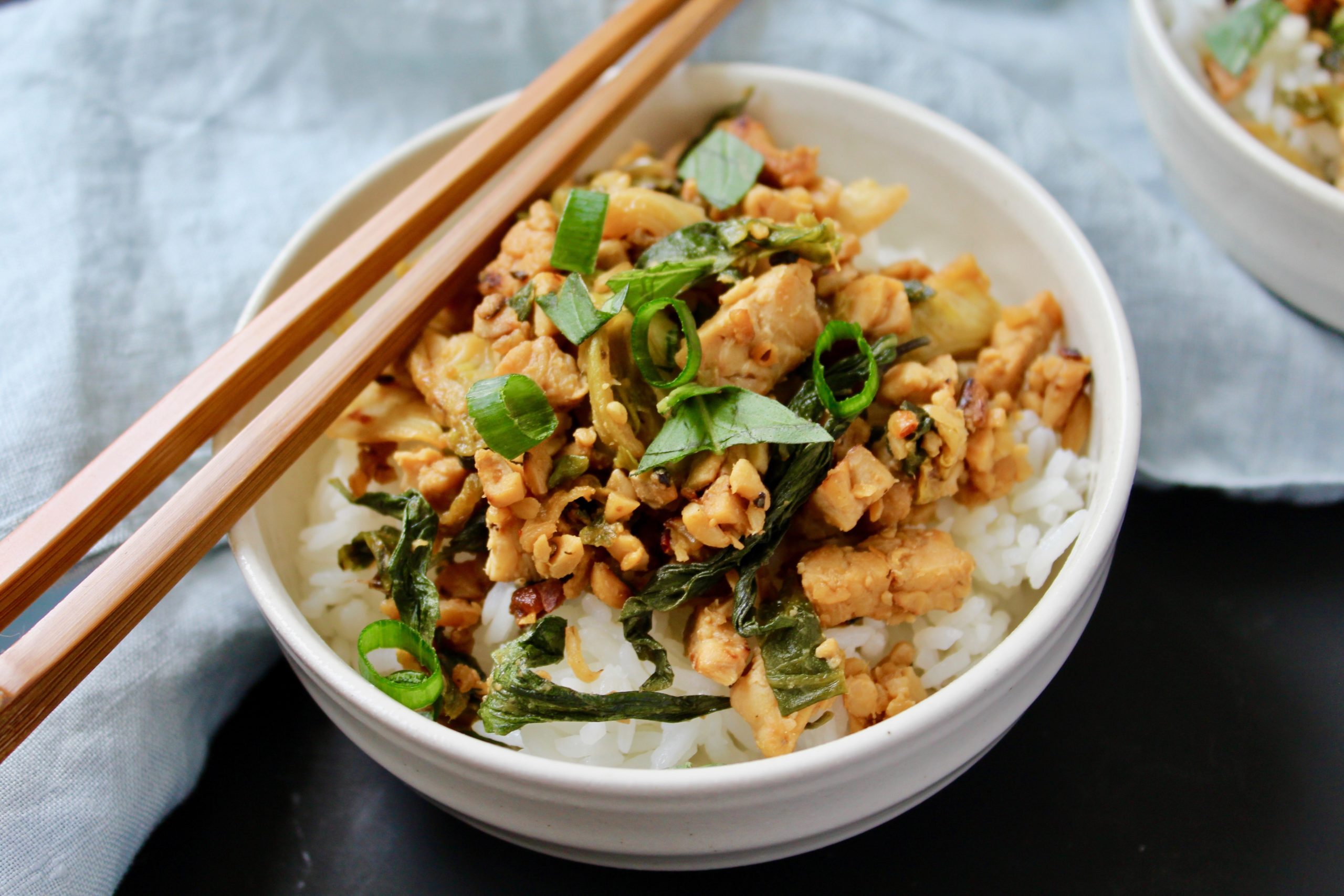 Easy Thai Basil Tempeh and Brussels Sprouts Stir Fry (vegan)