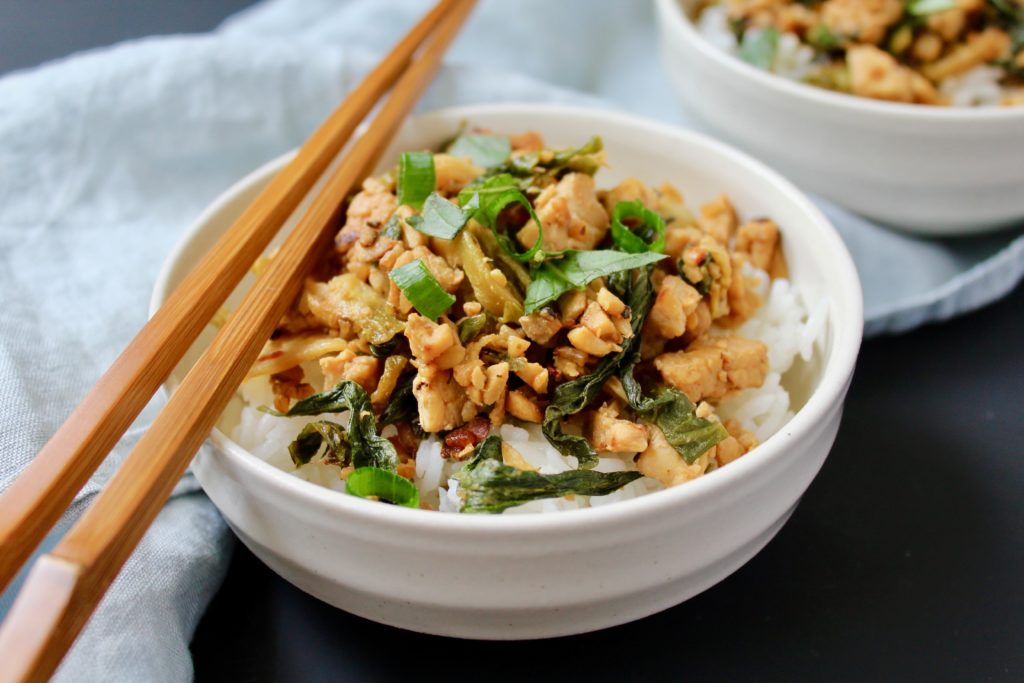 Easy Thai Basil Tempeh and Brussels Sprouts Stir Fry (vegan)