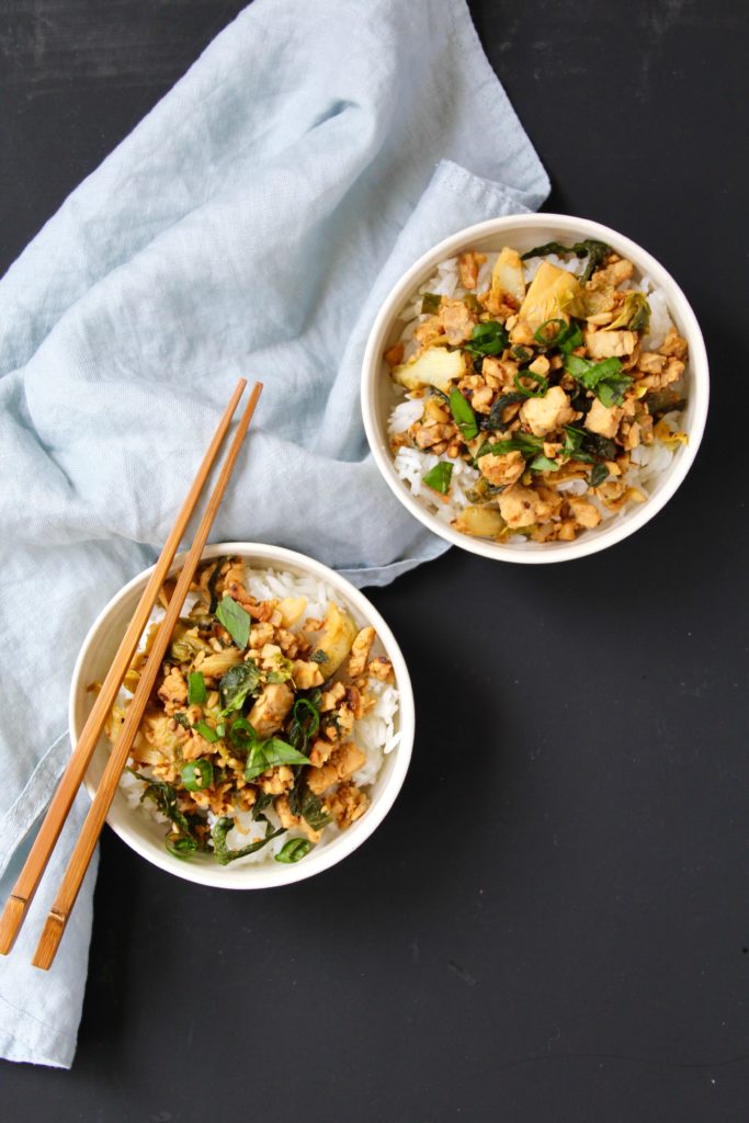 Easy Thai Basil Tempeh and Brussels Sprouts Stir Fry (vegan)