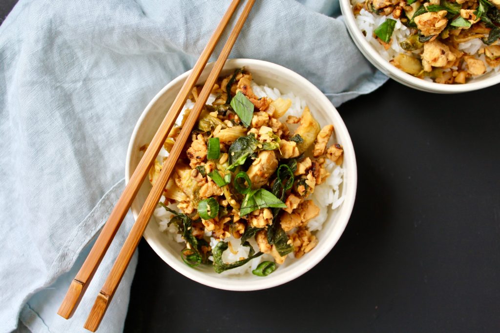 Easy Thai Basil Tempeh and Brussels Sprouts Stir Fry (vegan)