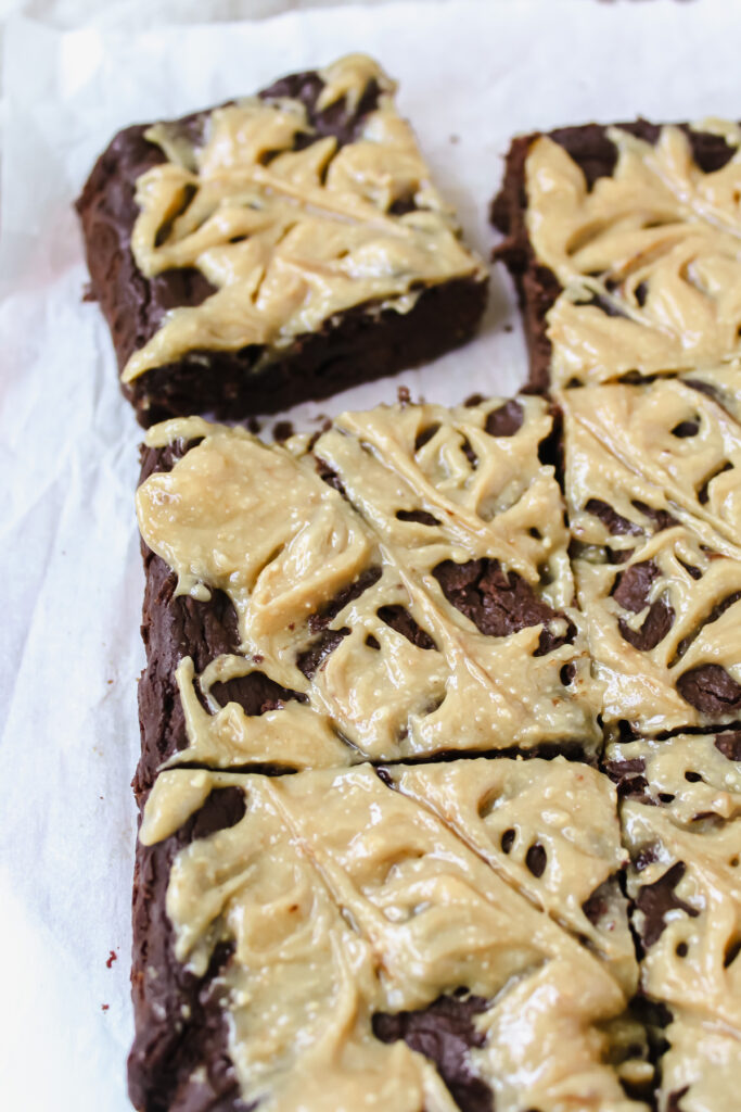 angled shot of sliced flourless pumpkin brownies