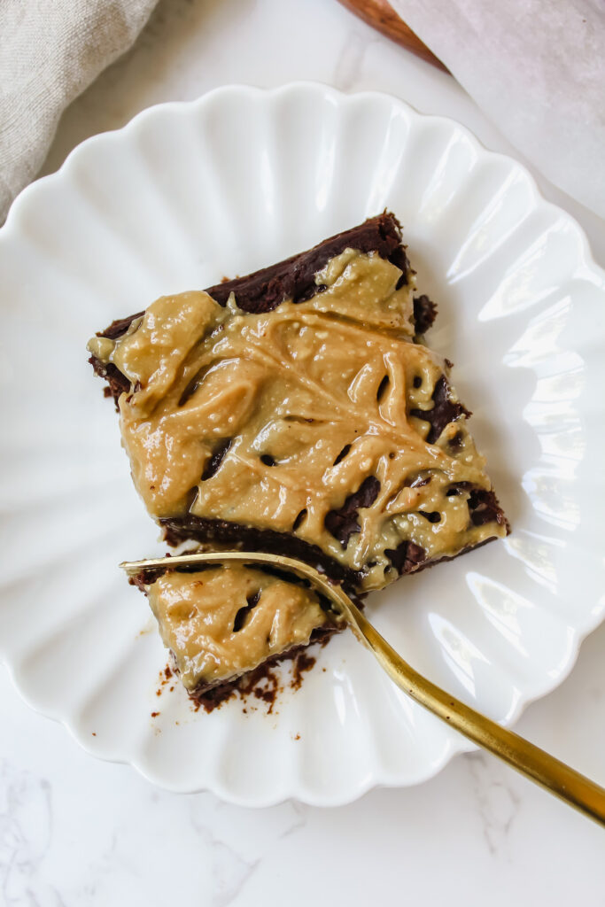 flourless pumpkin brownie slice on a plate with a fork cut into the corner