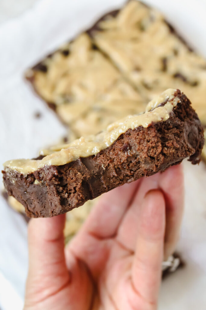 hand holding a brownie with a bite taken out