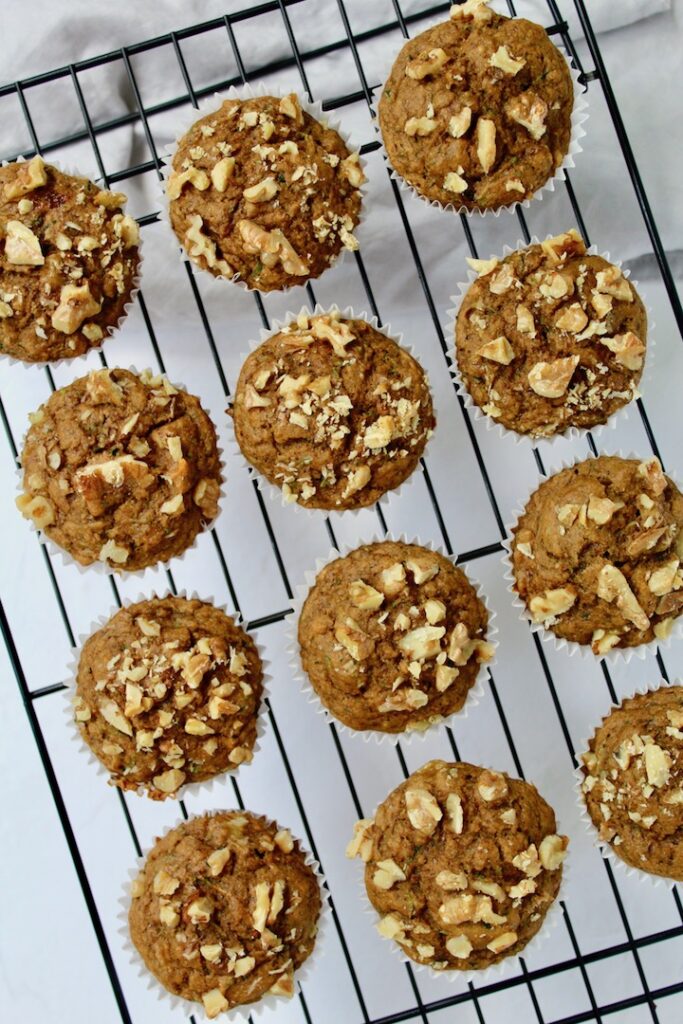 Sourdough Zucchini Banana Walnut Muffins (vegan, refined sugar free)