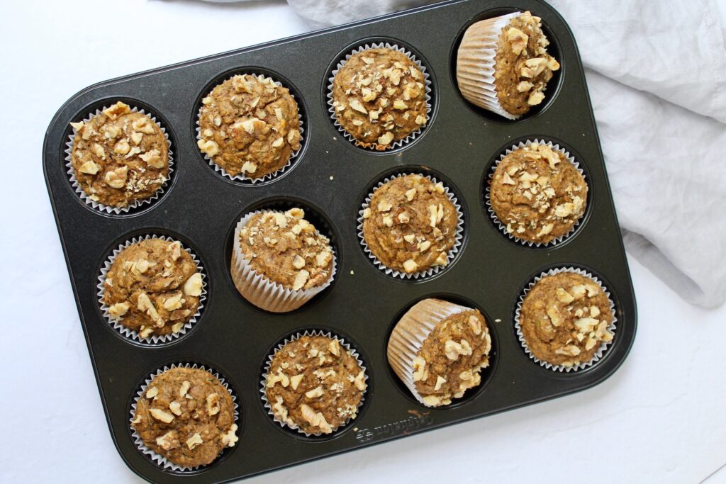 Sourdough Zucchini Banana Walnut Muffins (vegan, refined sugar free)