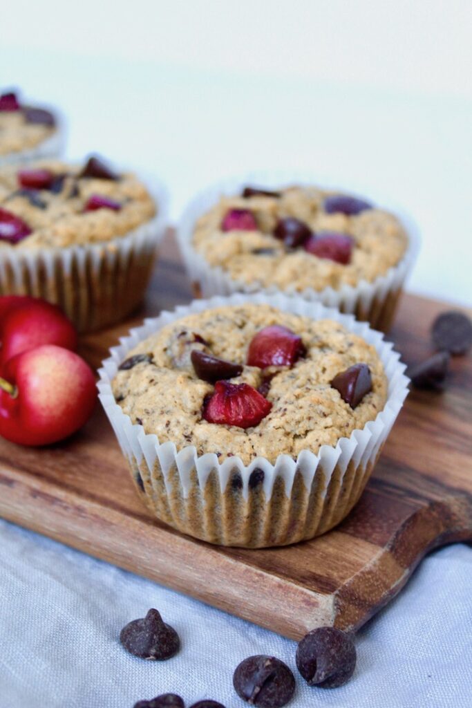 Healthy Cherry Chocolate Chip Oat Muffins (vegan, gluten-free, refined sugar free)