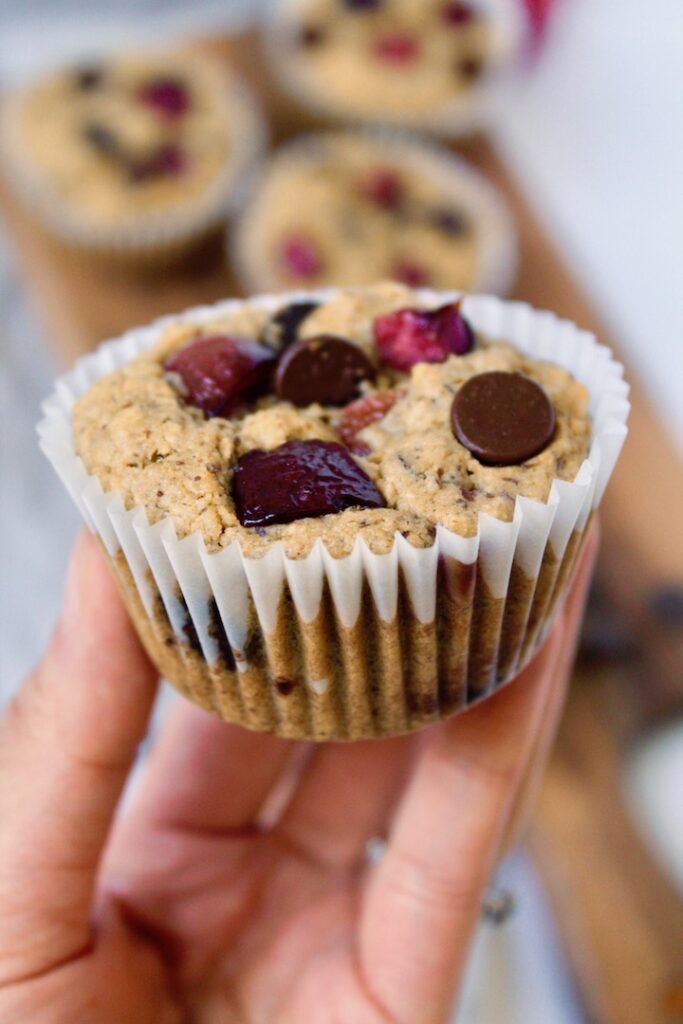 Healthy Cherry Chocolate Chip Oat Muffins (vegan, gluten-free, refined sugar free)