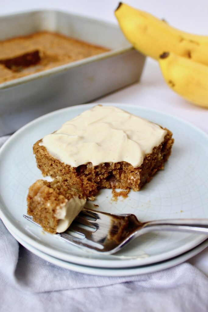 Healthy Banana Snack Cake (vegan, gluten-free, refined sugar free)