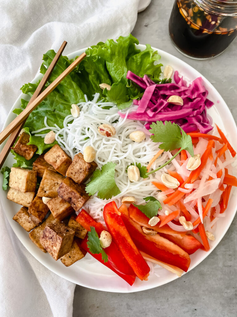 overview close up shot of Vietnamese vermicelli tofu bowls 