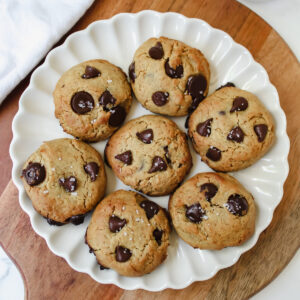 overview shot of a plate of chickpea flour chocolate chip cookies