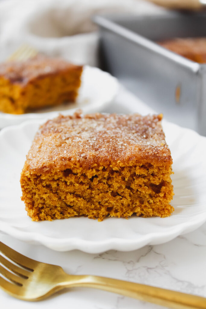 side view of a slice of snickerdoodle pumpkin bar