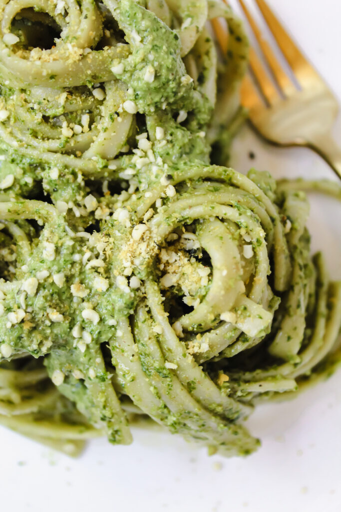 Close up of pasta with vegan pesto