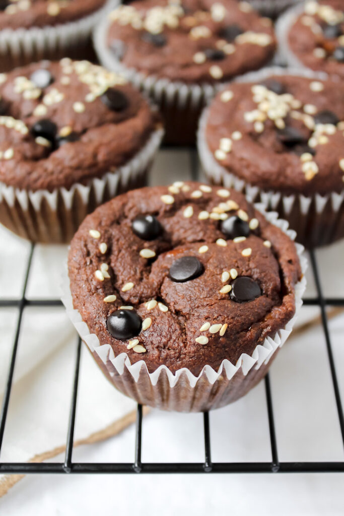 Chocolate Tahini Banana Muffins (vegan, gluten-free, oil-free) 