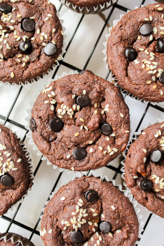 Chocolate Tahini Banana Muffins (vegan, gluten-free, oil-free) 