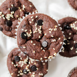 Chocolate Tahini Banana Muffins (vegan, gluten-free, oil-free)