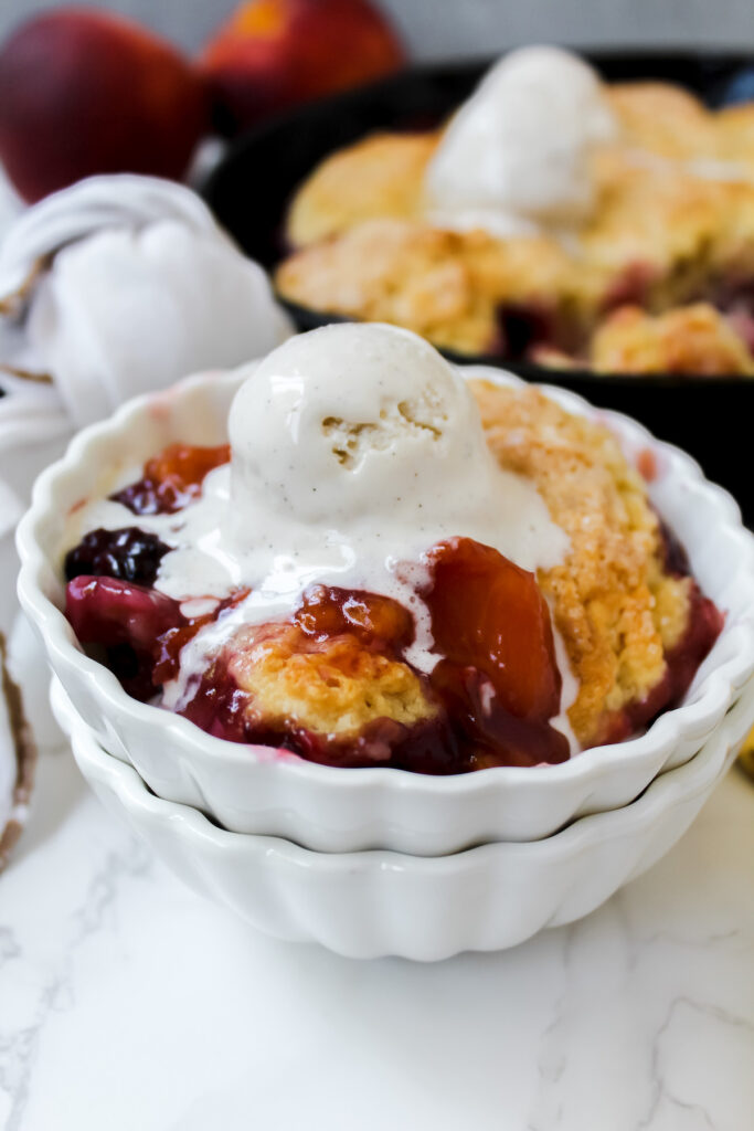 side view of bowl of cobbler