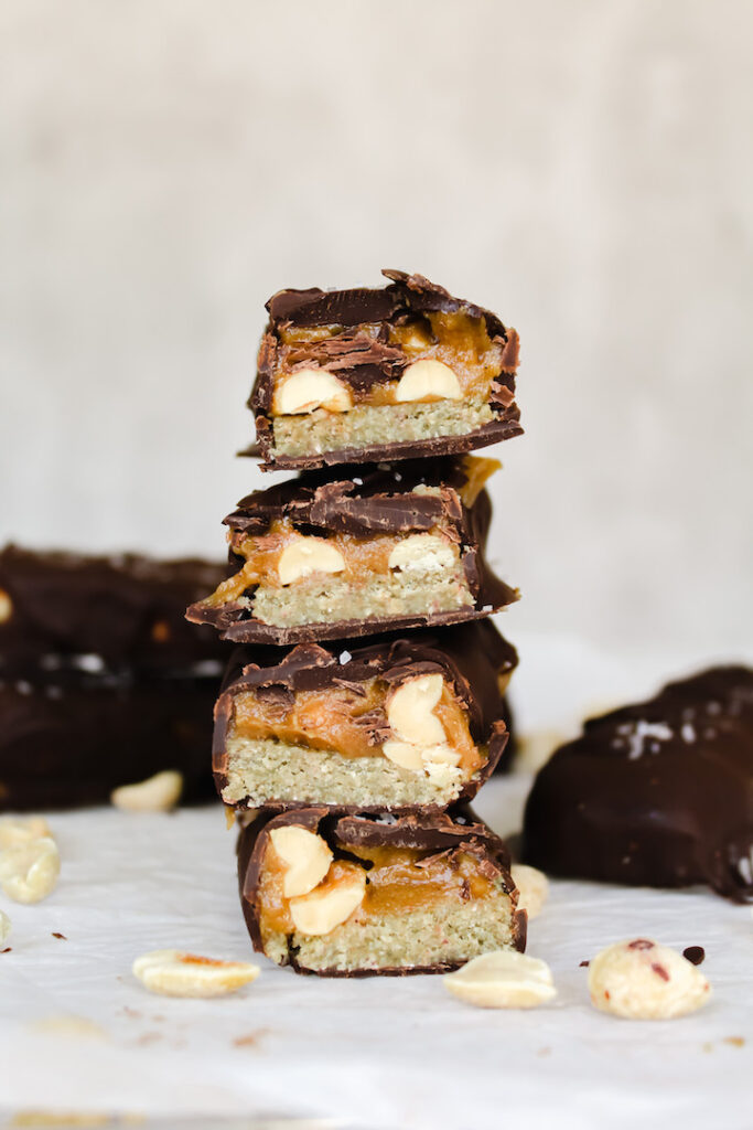 vegan protein snickers bars stacked